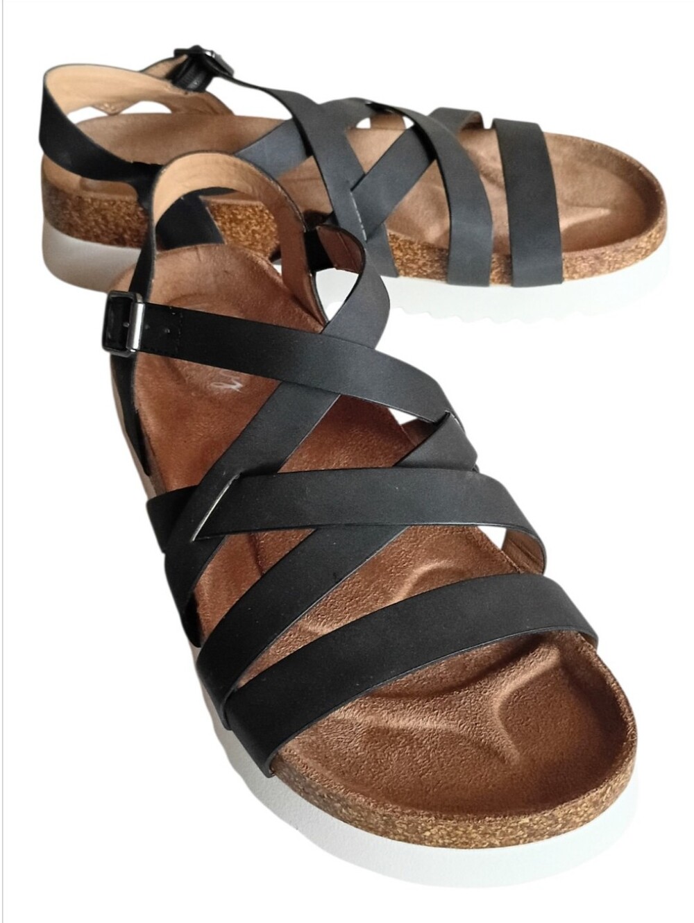WONDERLY Women's Sandals Black Faux Leather Buckle Sz 8.5l